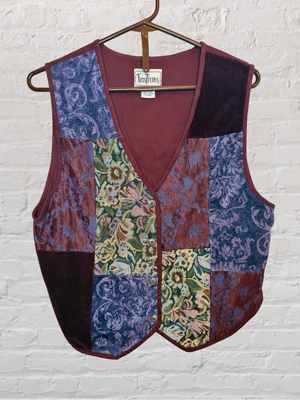 Vintage TanTrums Patchwork Tapestry Vest Burgundy Floral Dark Academia Size Med - Picture 2 of 6